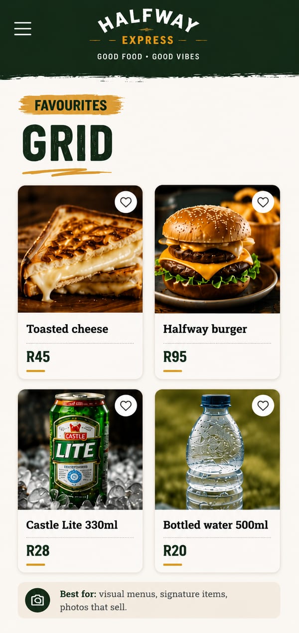 Grid menu style — phone-screen mockup with photo-led tiles for Toasted cheese, Halfway burger, Castle Lite and bottled water