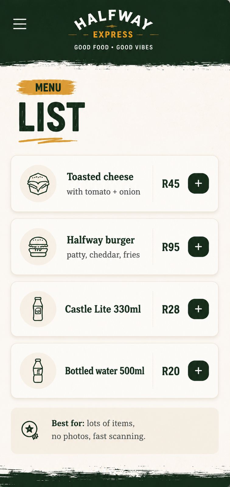 List menu style — phone mockup